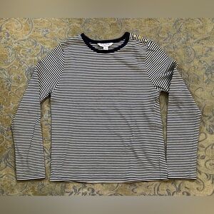 Brooks Brothers Girls Knit Top Striped Navy Blue and White Gold Buttons Size L